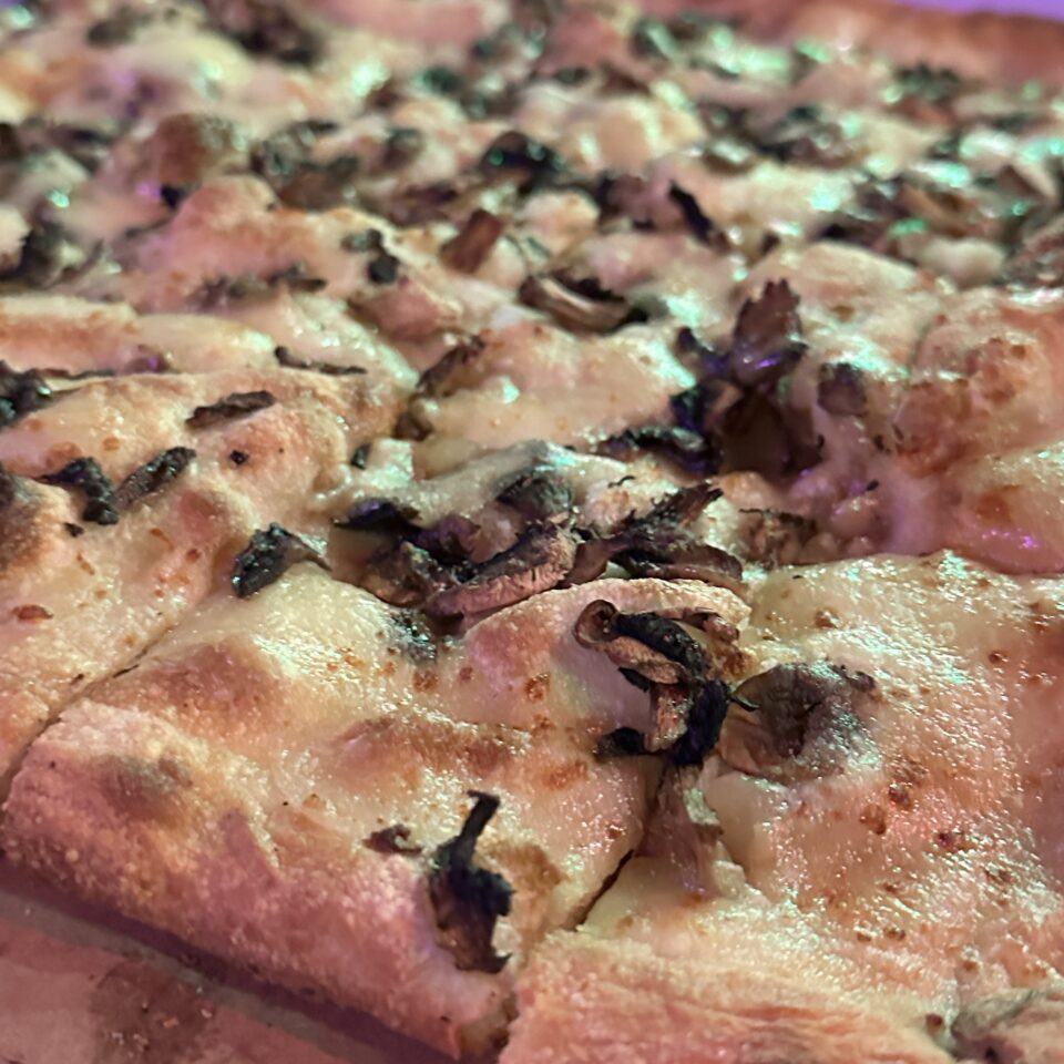 Close-up of a flatbread pizza with caramelized onions
